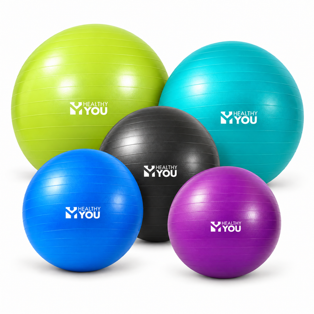 Healthy You anti-burst exercise ball set: 45, 55, 65, 75 and 85 cm in purple, blue, black, teal and lime