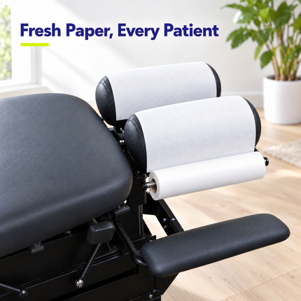 12 inch headrest paper wrapped over split chiropractic headrest pads with roll on a dispenser in a clinic