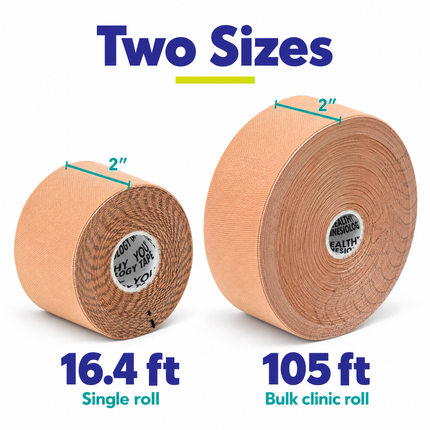 Two sizes: 2 inch x 16.4 ft single roll and 2 inch x 105 ft bulk clinic roll