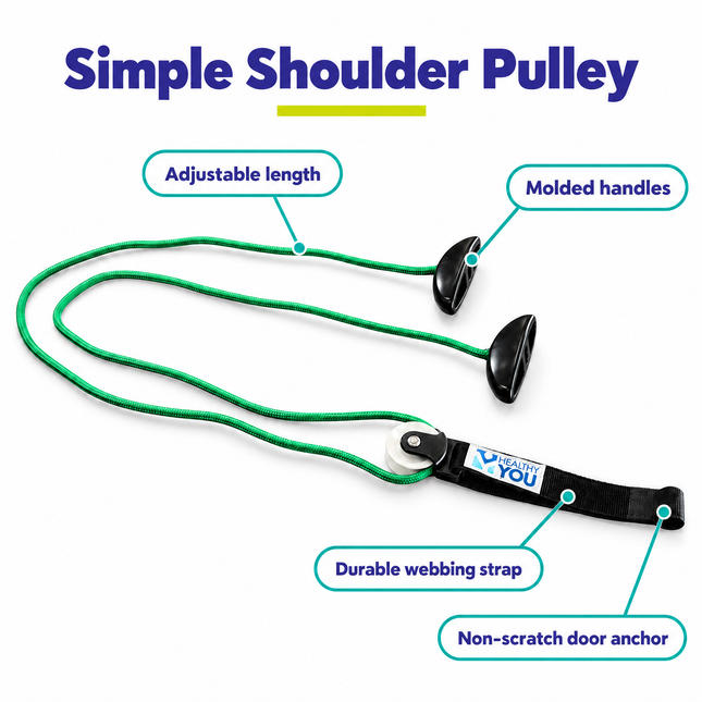 Shoulder pulley features: non-scratch door anchor, durable webbing strap, adjustable length, molded handles