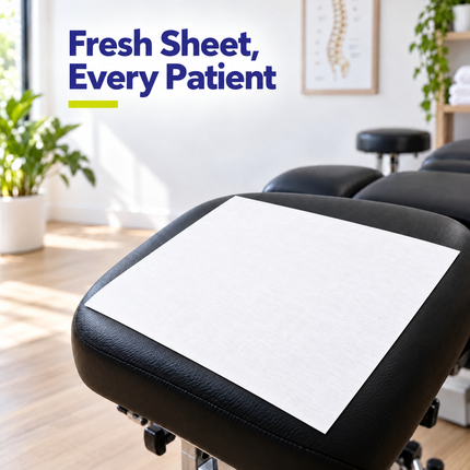White paper headrest sheet on a treatment table headrest in a chiropractic clinic