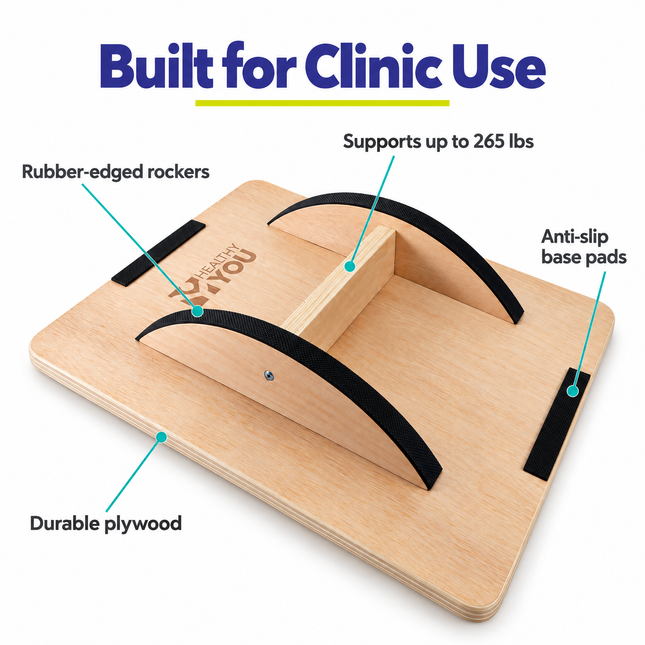 Underside of the Healthy You rocker board: supports up to 265 lbs, rubber-edged rockers, anti-slip base pads, durable plywood