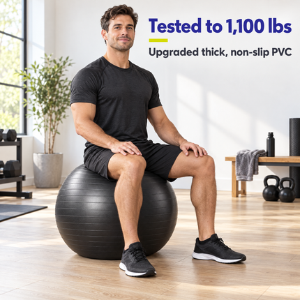 Man seated on a black exercise ball tested to 1,100 lbs, thick non-slip PVC