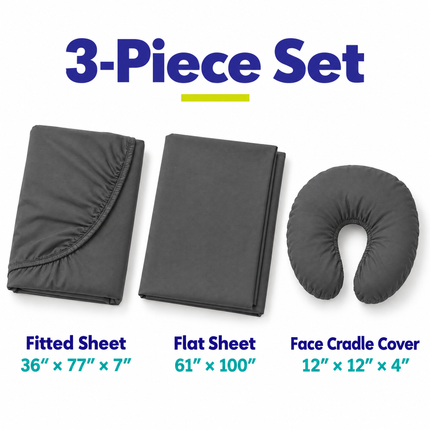 3-piece set: fitted sheet 36 x 77 x 7 in, flat sheet 61 x 100 in, face cradle cover 12 x 12 x 4 in