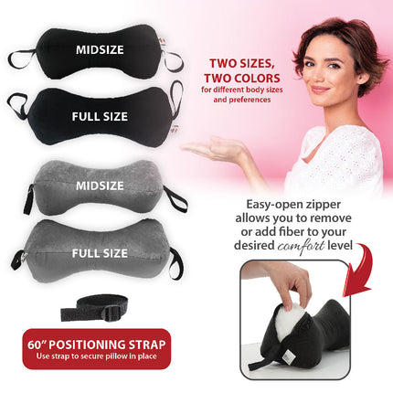 Sleep Log Pillow in midsize and full size, black and gray, with zipper and 60 inch positioning strap