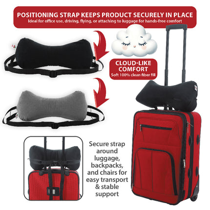 Sleep Log Pillow with adjustable positioning strap attaches to luggage, backpacks, or chairs