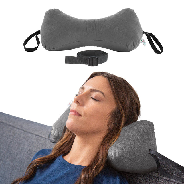 Core Products Sleep Log Bone Shaped Pillow in gray with adjustable strap and side handles