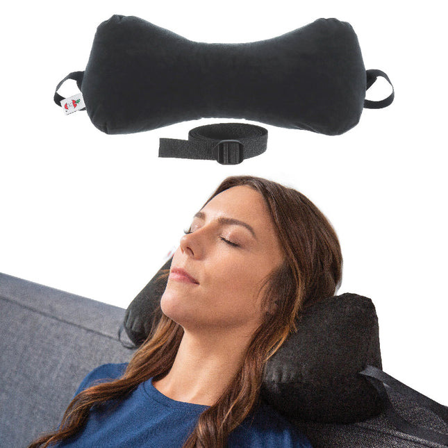 Core Products Sleep Log Bone Shaped Pillow in black with adjustable strap and side handles