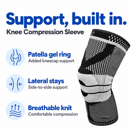 Knee sleeve features: patella gel ring, lateral stays and breathable compression knit