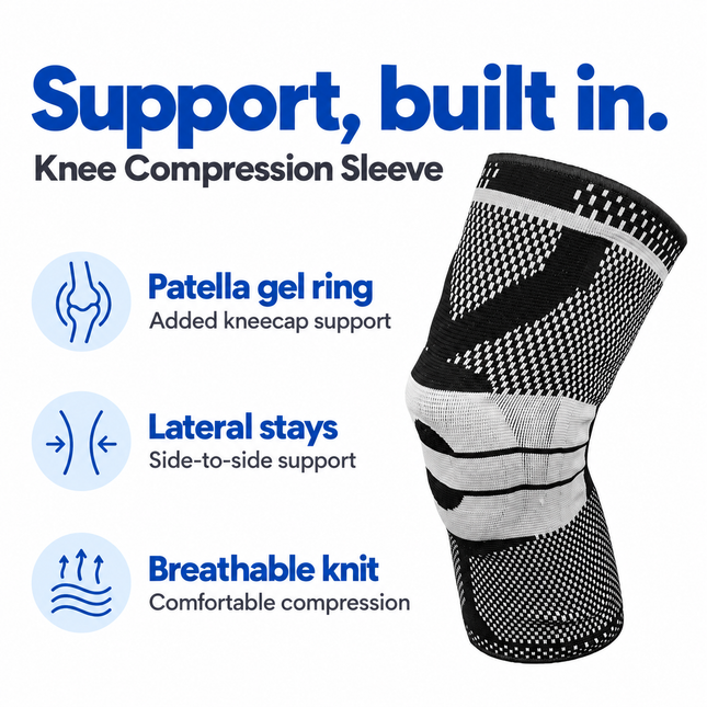 Knee sleeve features: patella gel ring, lateral stays and breathable compression knit