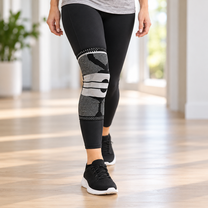 Woman walking indoors wearing the Healthy You knee sleeve over black leggings
