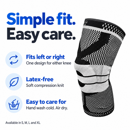 Knee sleeve fits either knee, is latex-free, and should be hand washed cold and air dried