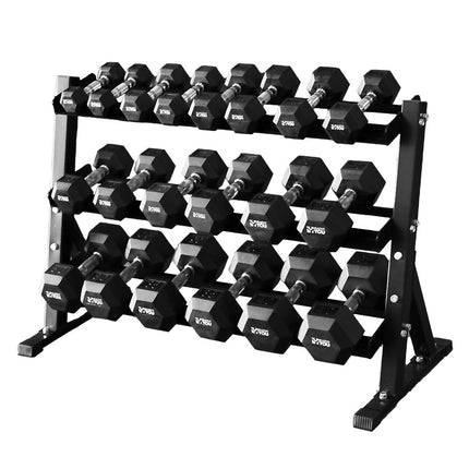 Healthy You Rubber Hex Chrome Dumbbell Complete Package Set 2 Each Of 5-40 lbs With Rack (10 Sets 400lbs)