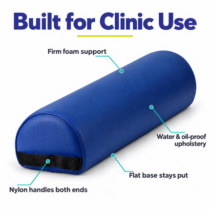 Healthy You 3/4 round bolster features: flat base stays put, firm foam support, water and oil-proof upholstery, nylon handles on both ends
