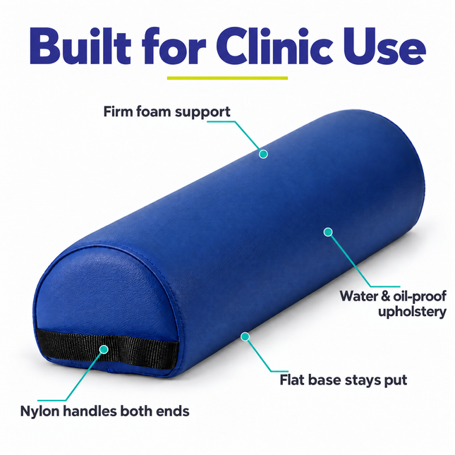 Healthy You 3/4 round bolster features: flat base stays put, firm foam support, water and oil-proof upholstery, nylon handles on both ends