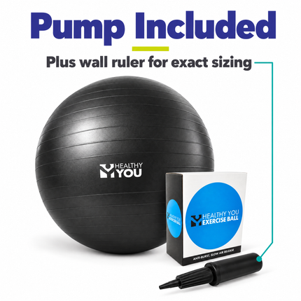 Exercise ball with hand pump and box included, plus wall ruler for sizing