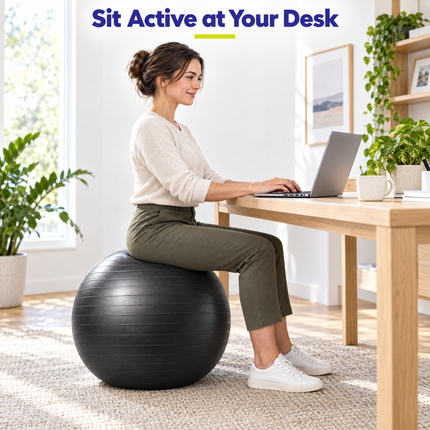 Woman sitting on an exercise ball as an active desk chair
