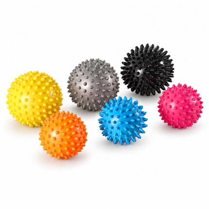 Healthy You spiky massage ball set: soft orange 7.5 cm and yellow 9 cm, medium pink 7.5 cm and gray 9 cm, firm blue 7.5 cm and black 9 cm