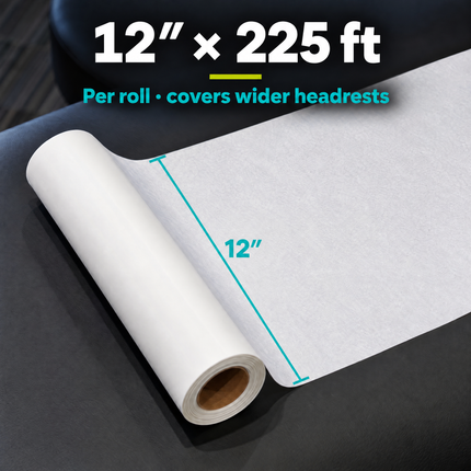Headrest paper roll size: 12 inches x 225 feet per roll, covers wider headrests