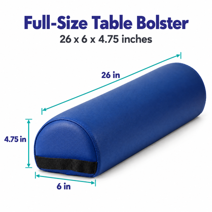 Healthy You 3/4 round bolster dimensions: 26 inches long, 6 inches wide, 4.75 inches tall
