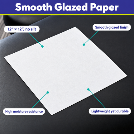 Headrest sheet features: 12 x 12 inch no slit, smooth glazed finish, high moisture resistance, lightweight yet durable
