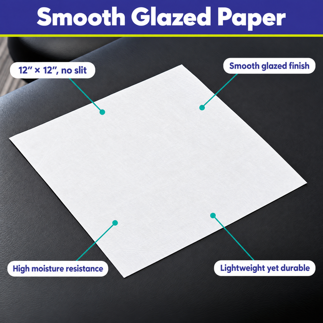 Headrest sheet features: 12 x 12 inch no slit, smooth glazed finish, high moisture resistance, lightweight yet durable