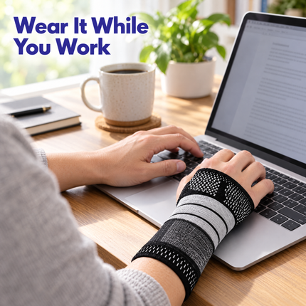 Person typing on a laptop while wearing the wrist brace