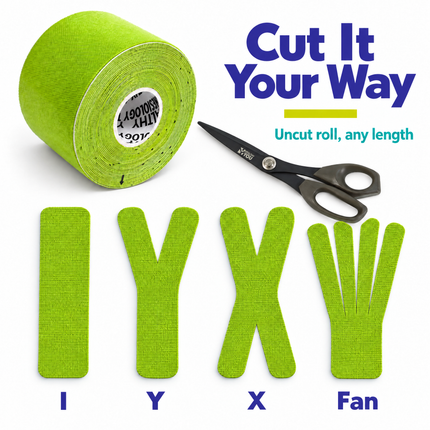 Uncut kinesiology tape roll cut into I, Y, X and fan strips with Healthy You taping scissors