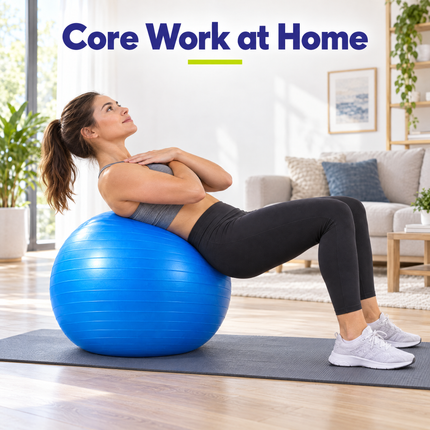 Woman doing a stability ball crunch at home on a blue exercise ball