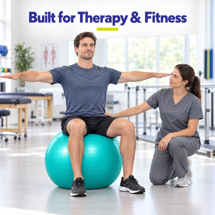 Physical therapist spotting a patient doing seated balance work on a teal exercise ball