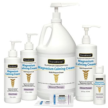 Cryoderm TheraBlend Magnesium Calming Cream full size range including 4 oz tube and 16 oz pump bottle