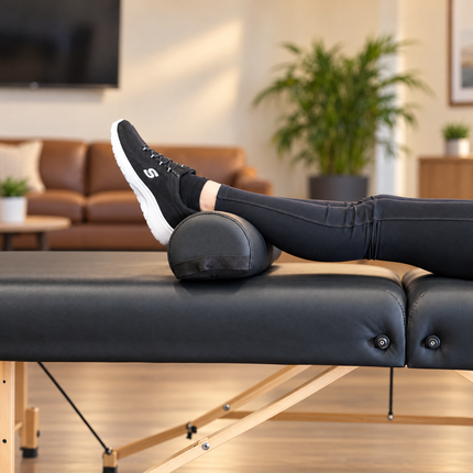 Black 3/4 round bolster supporting both ankles of a person lying on a treatment table
