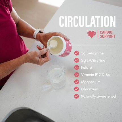 Circulation key ingredients: L-Arginine, L-Citrulline, folate, vitamins B12 and B6, magnesium, chromium