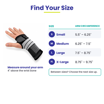 Wrist brace size chart by arm circumference: Small 5.5-6.25 in, Medium 6.25-7.5 in, Large 7.5-8.75 in, X-Large 8.75-9.75 in