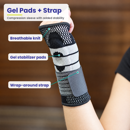 Wrist brace features: breathable knit, gel stabilizer pads and wrap-around strap