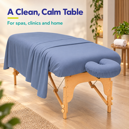 Massage table dressed in Wisteria microfiber sheets in a calm spa room