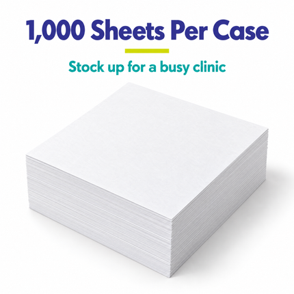 Stack of white headrest sheets, 1,000 sheets per case