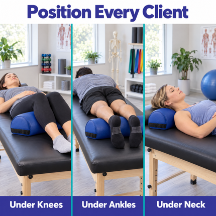 Ways to use the Healthy You 3/4 round bolster on a treatment table: under knees, under ankles and under neck