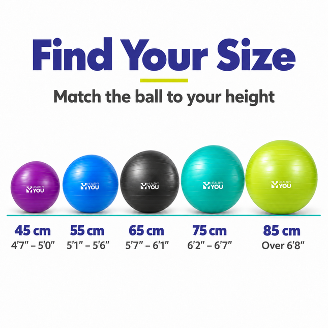 Exercise ball size chart by height: 45 cm to 85 cm