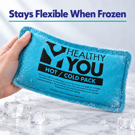 Hand bending a frozen hot/cold pack; gel stays flexible when frozen