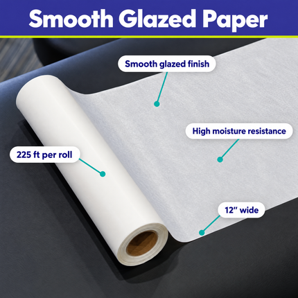 Headrest paper roll features: 12 inch wide, 225 ft per roll, smooth glazed finish, high moisture resistance