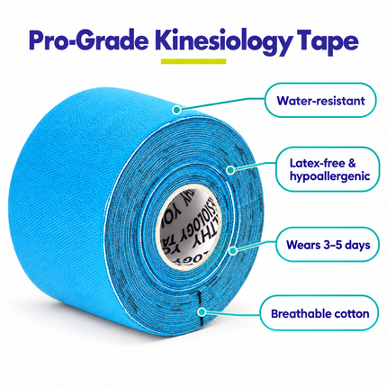 Pro-grade kinesiology tape: water-resistant, latex-free and hypoallergenic, wears 3-5 days, breathable cotton