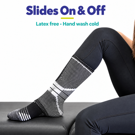 Ankle compression sleeve slides on and off easily, latex free, hand wash cold