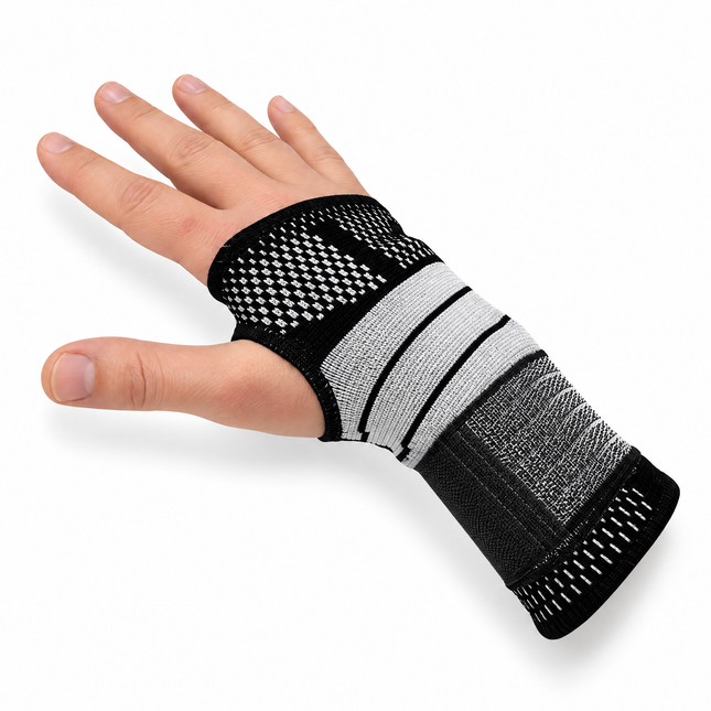 Healthy You wrist brace compression support sleeve with gel pads and strap, worn on the hand