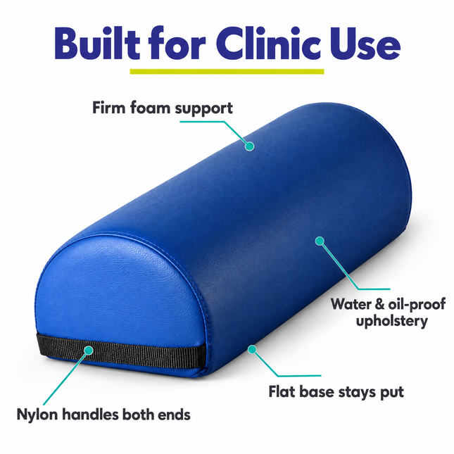 Jumbo 3/4 round bolster features: flat base stays put, firm foam support, water and oil-proof upholstery, nylon handles on both ends
