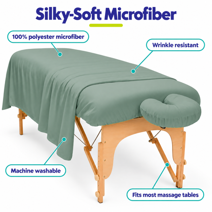 Silky-soft 100% polyester microfiber, wrinkle resistant, machine washable, fits most massage tables