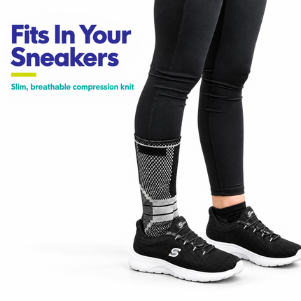 Ankle compression sleeve worn under leggings with sneakers, slim breathable knit fits in shoes