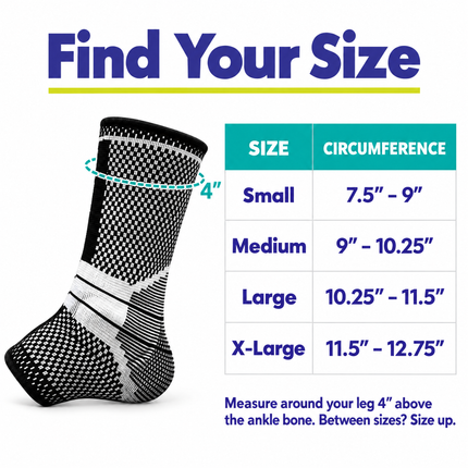 Ankle sleeve size chart: Small 7.5-9 in, Medium 9-10.25 in, Large 10.25-11.5 in, X-Large 11.5-12.75 in, measured 4 inches above the ankle bone